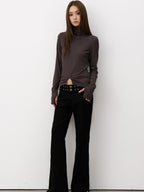 THELIGHT OFFICIAL Cropped High Neck Ruched Waist Slim Women's Viscose Blend Long Sleeve T-shirts