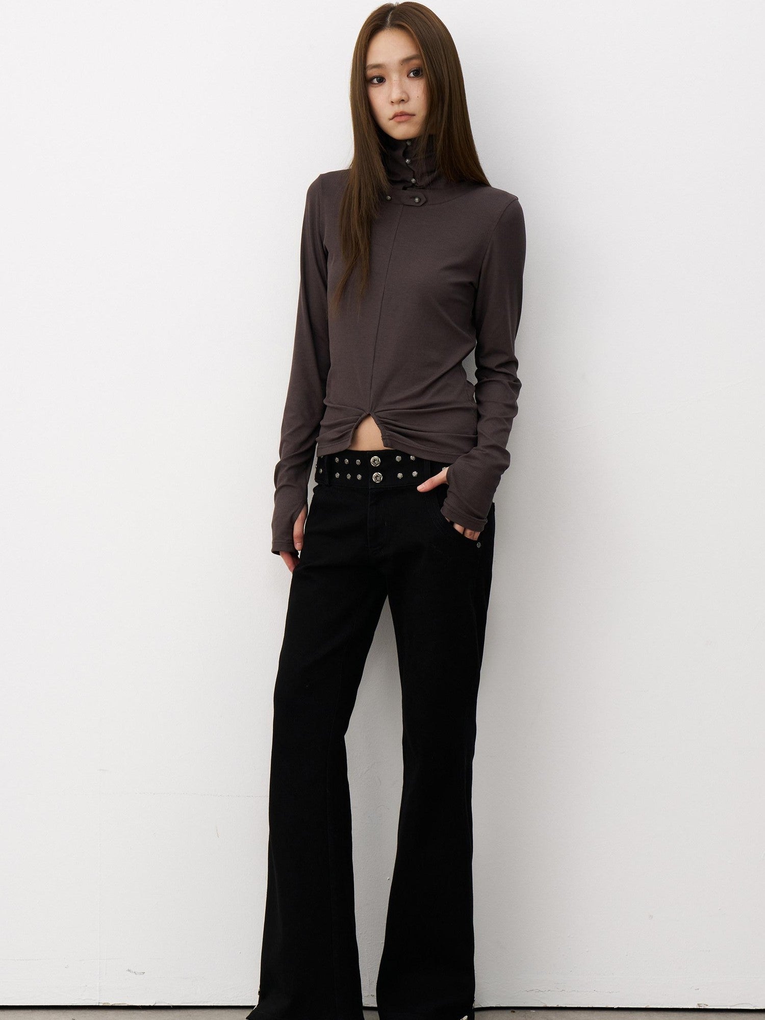 THELIGHT OFFICIAL Cropped High Neck Ruched Waist Slim Women's Viscose Blend Long Sleeve T-shirts