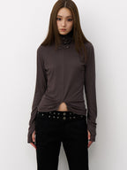 THELIGHT OFFICIAL Cropped High Neck Ruched Waist Slim Women's Viscose Blend Long Sleeve T-shirts