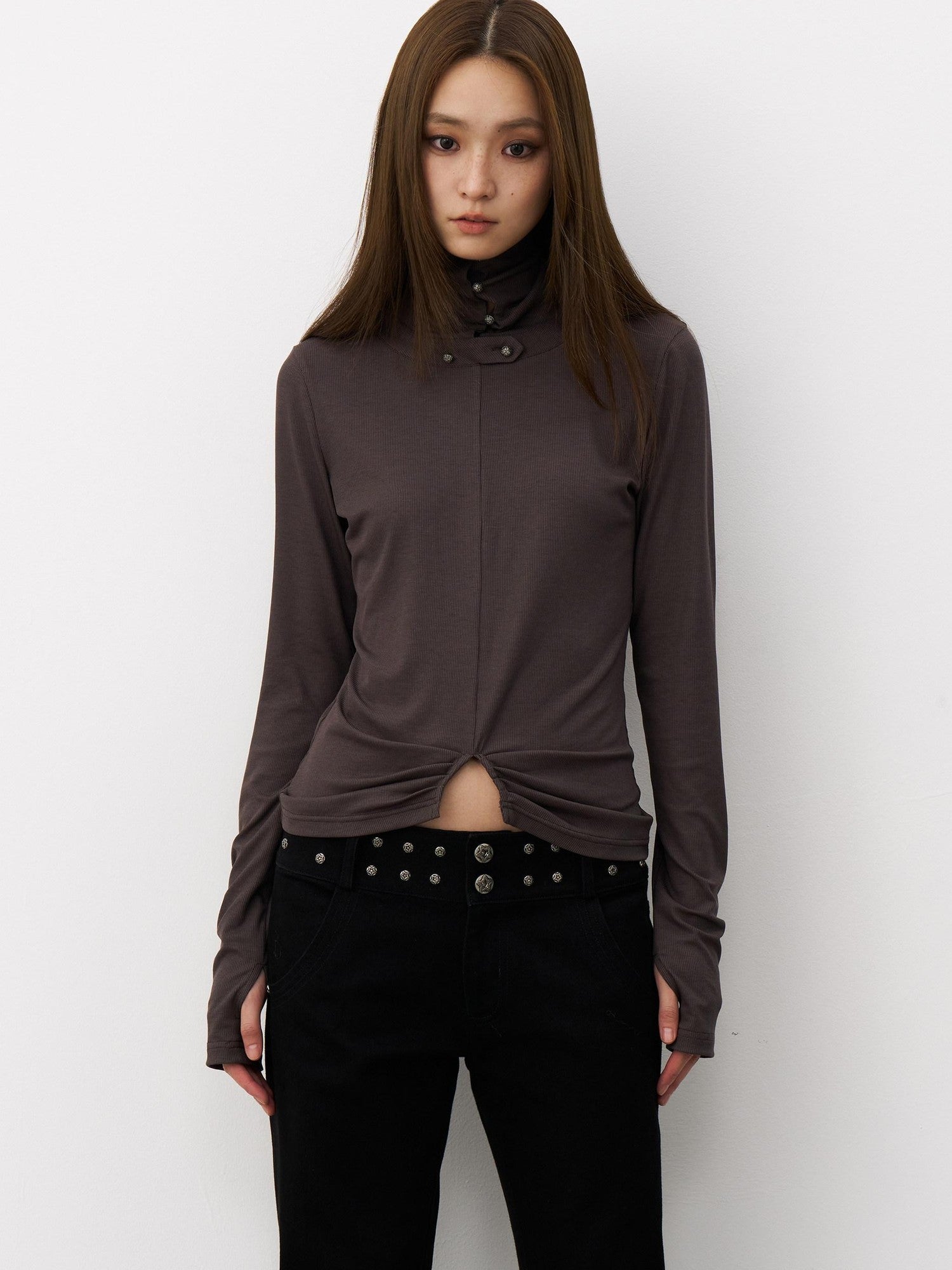 THELIGHT OFFICIAL Cropped High Neck Ruched Waist Slim Women's Viscose Blend Long Sleeve T-shirts