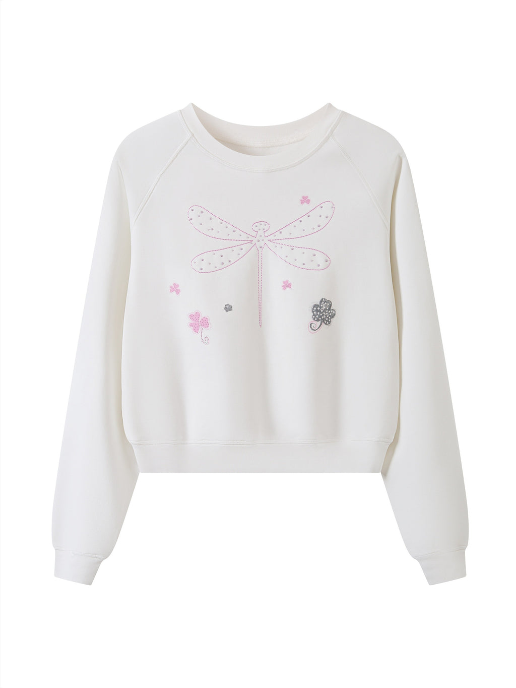THELIGHT OFFICIAL Cropped Topstitch Print Rhinestone Dragonfly Raglan Women's Cotton Sweatshirts 985410694439