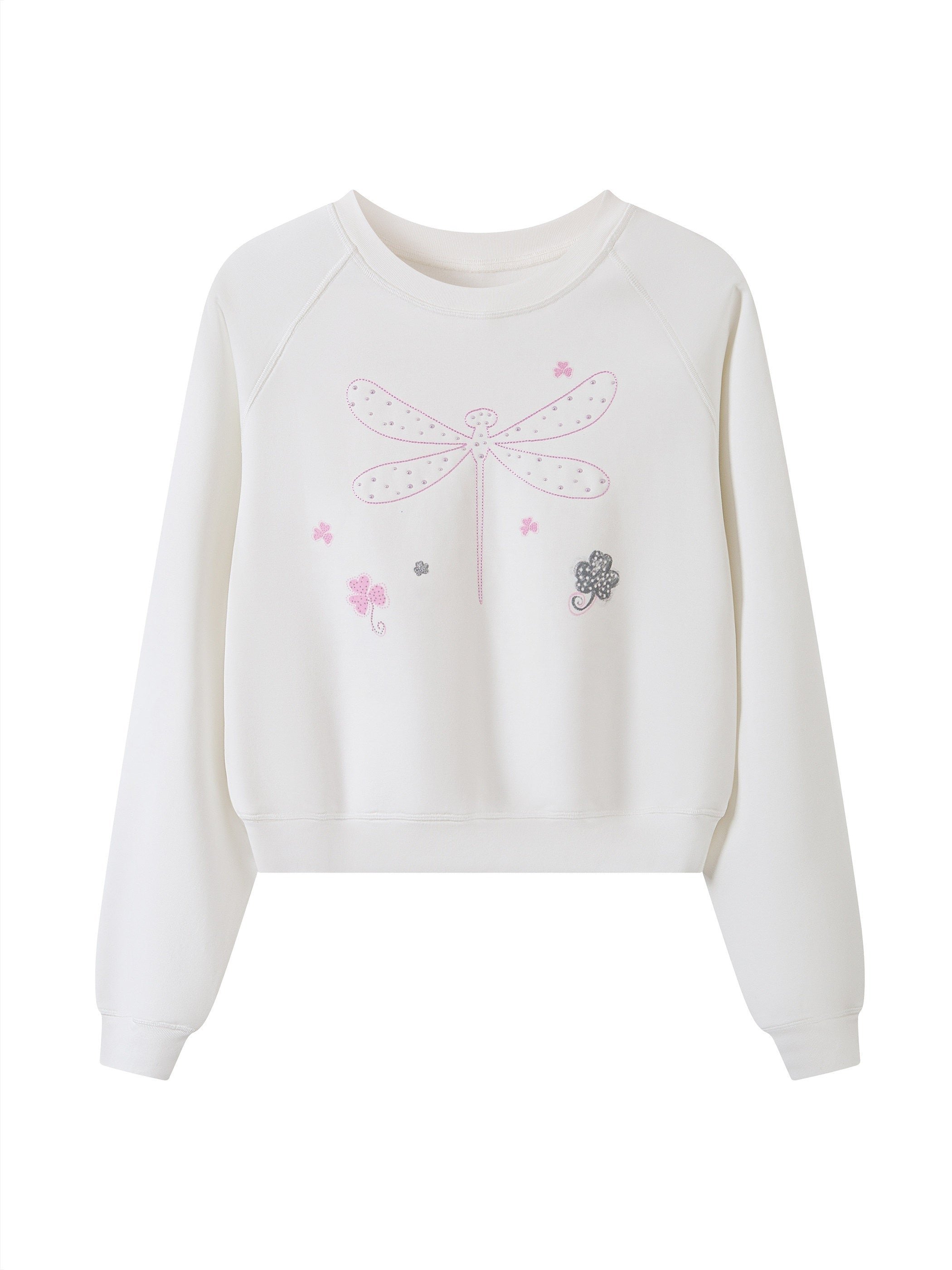 THELIGHT OFFICIAL Cropped Topstitch Print Rhinestone Dragonfly Raglan Women's Cotton Sweatshirts 985410694439