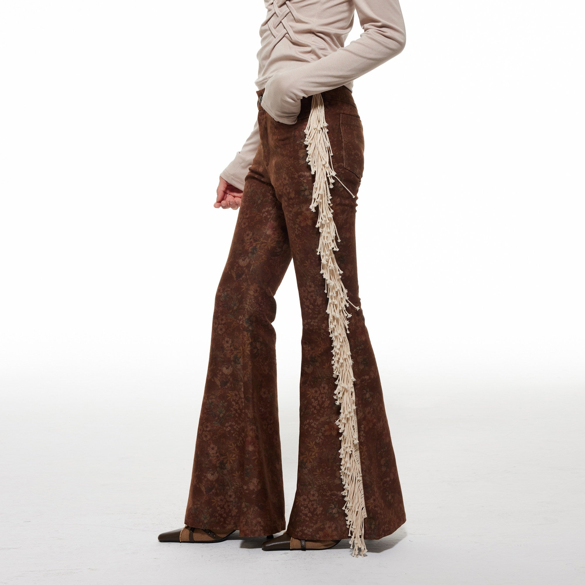 THELIGHT OFFICIAL Dark Brown Frayed Floral Wasteland Women's Polyester Flare Pants 842366348600