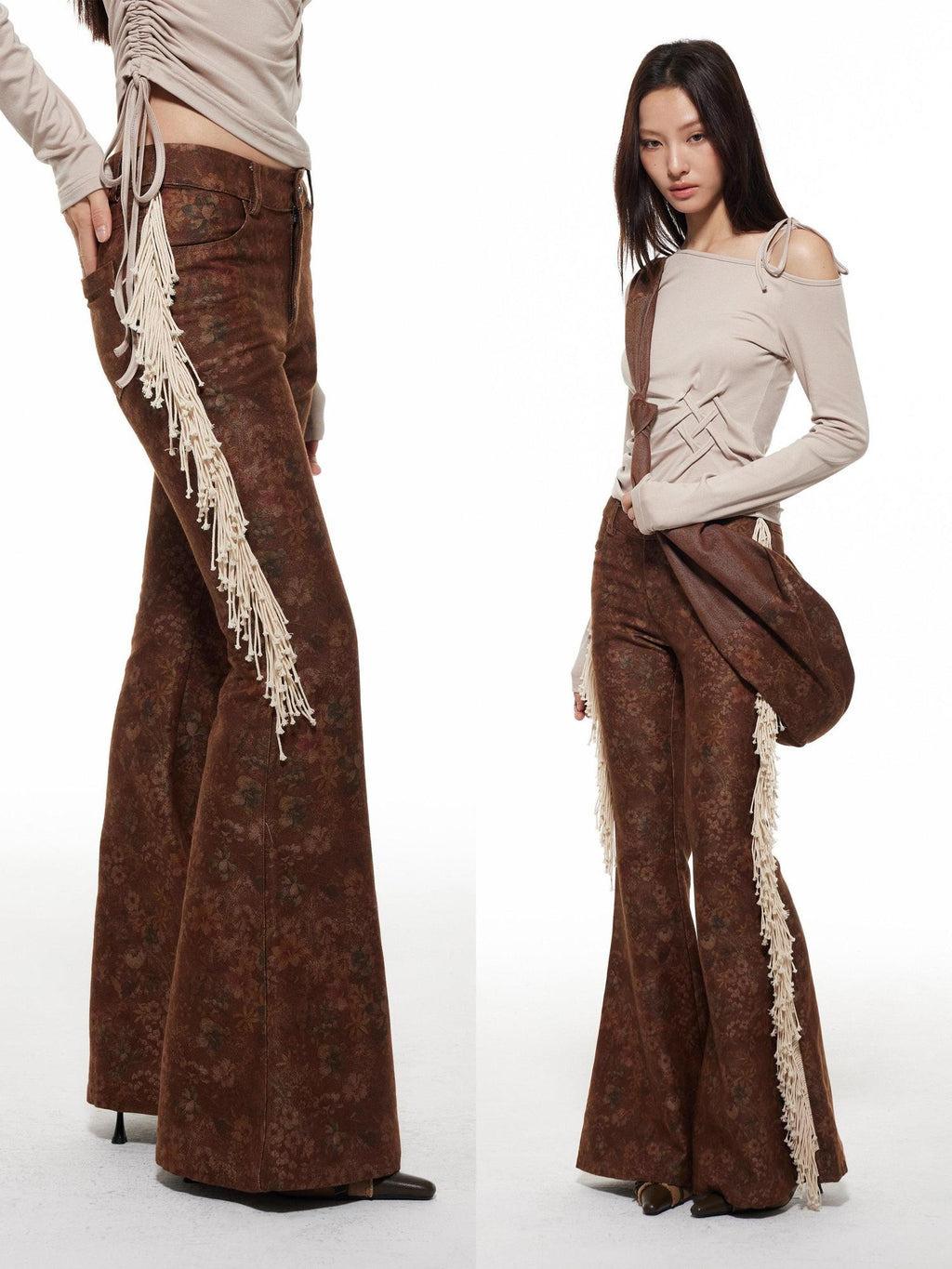THELIGHT OFFICIAL Dark Brown Frayed Floral Wasteland Women's Polyester Flare Pants