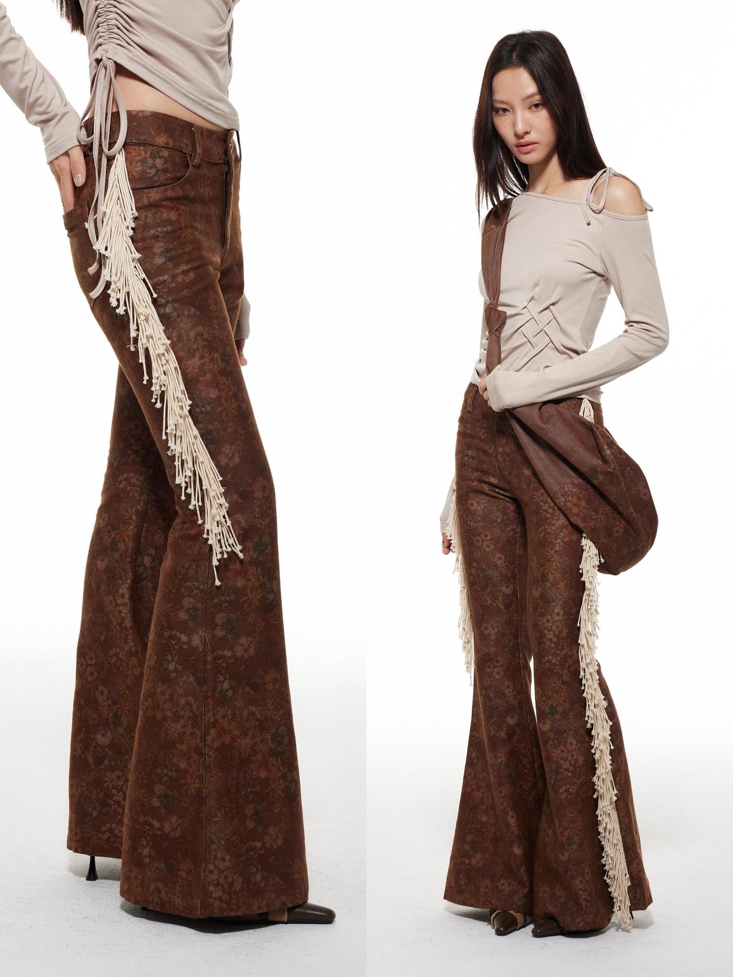 THELIGHT OFFICIAL Dark Brown Frayed Floral Wasteland Women's Polyester Flare Pants