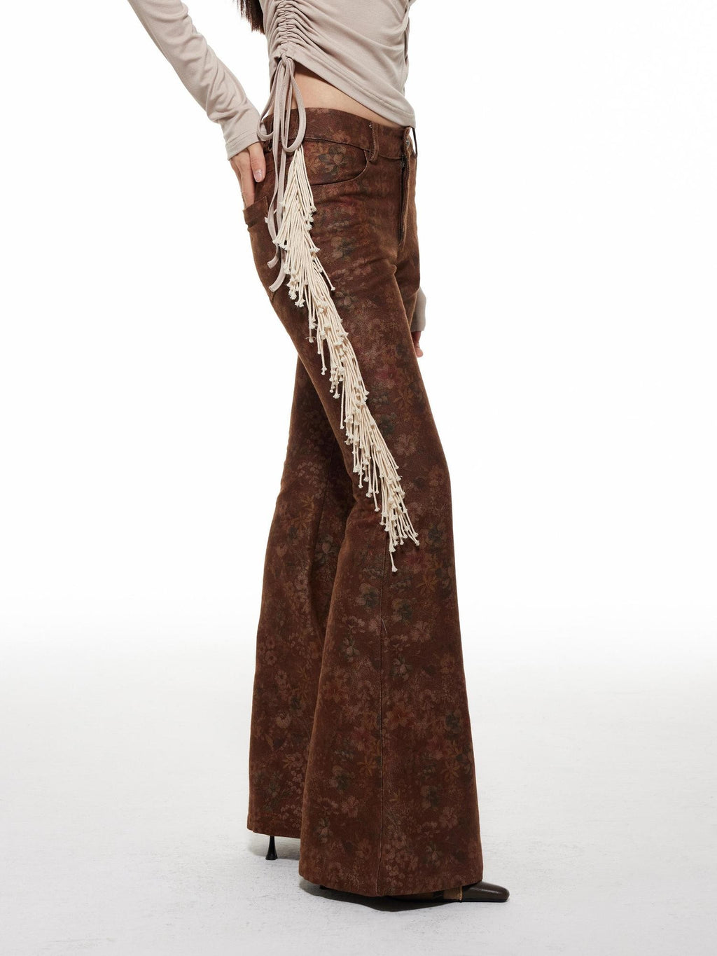 THELIGHT OFFICIAL Dark Brown Frayed Floral Wasteland Women's Polyester Flare Pants