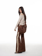 THELIGHT OFFICIAL Dark Brown Frayed Floral Wasteland Women's Polyester Flare Pants