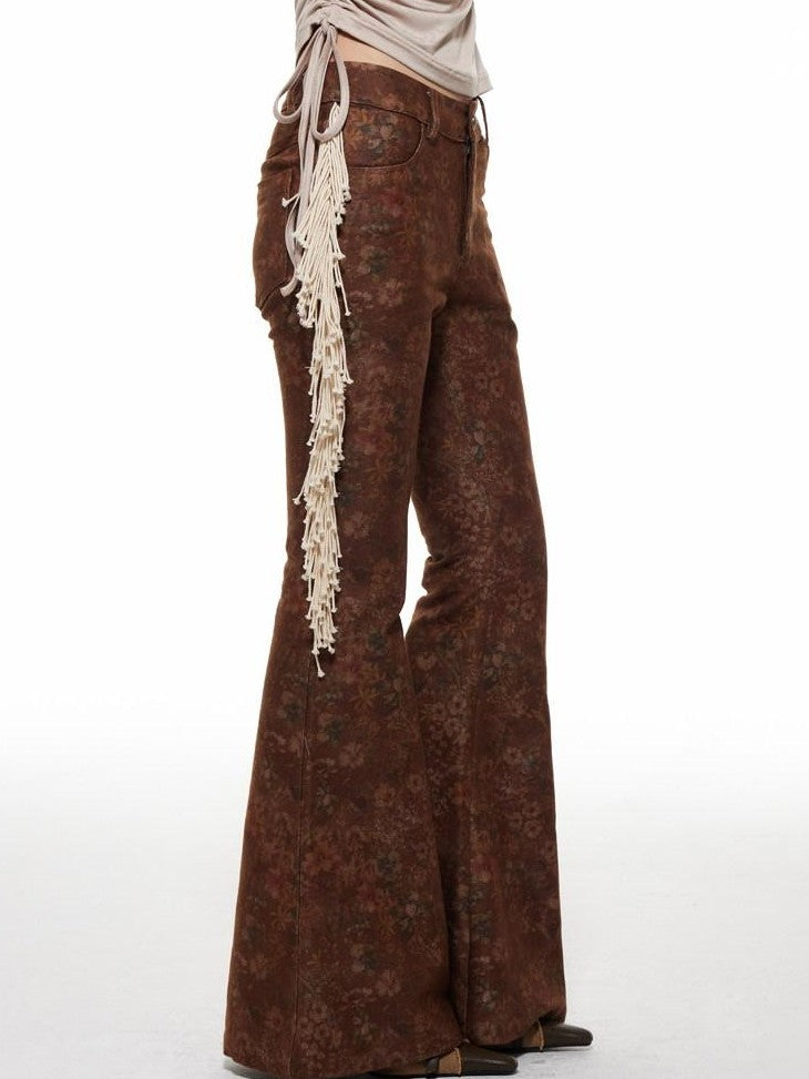 THELIGHT OFFICIAL Dark Brown Frayed Floral Wasteland Women's Polyester Flare Pants