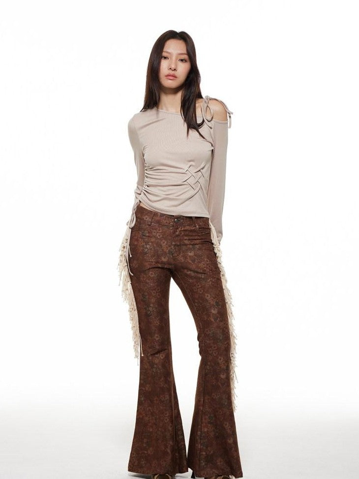 THELIGHT OFFICIAL Dark Brown Frayed Floral Wasteland Women's Polyester Flare Pants