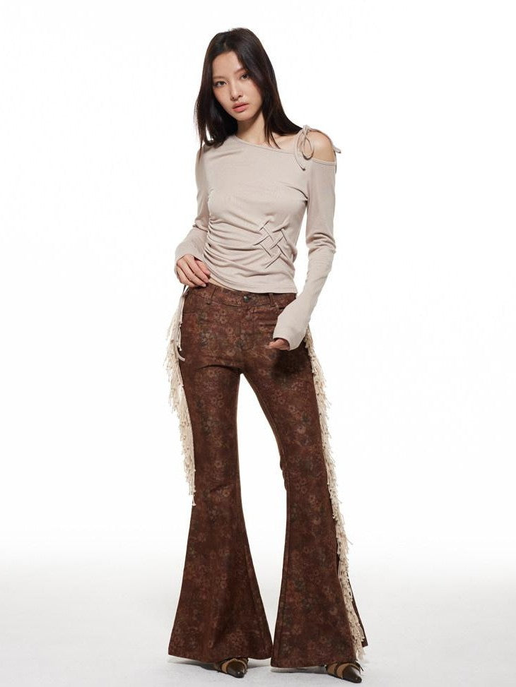 THELIGHT OFFICIAL Dark Brown Frayed Floral Wasteland Women's Polyester Flare Pants