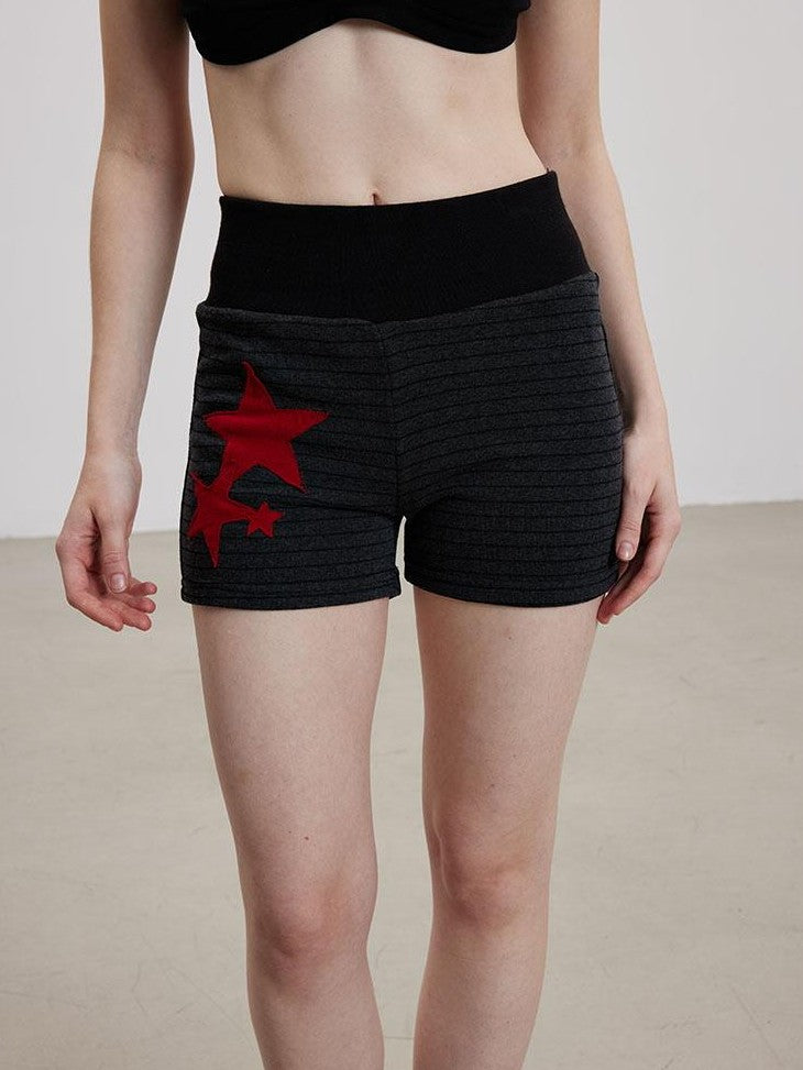 THELIGHT OFFICIAL Dark Gray Star Applique Vintage High Waist Women's Polyester Short Trousers