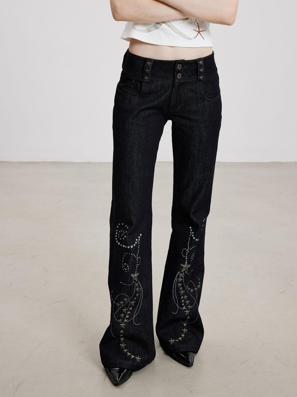 THELIGHT OFFICIAL Dark Navy Subculture Print Low Rise Slim Women's Cotton Stretch Flare Jeans