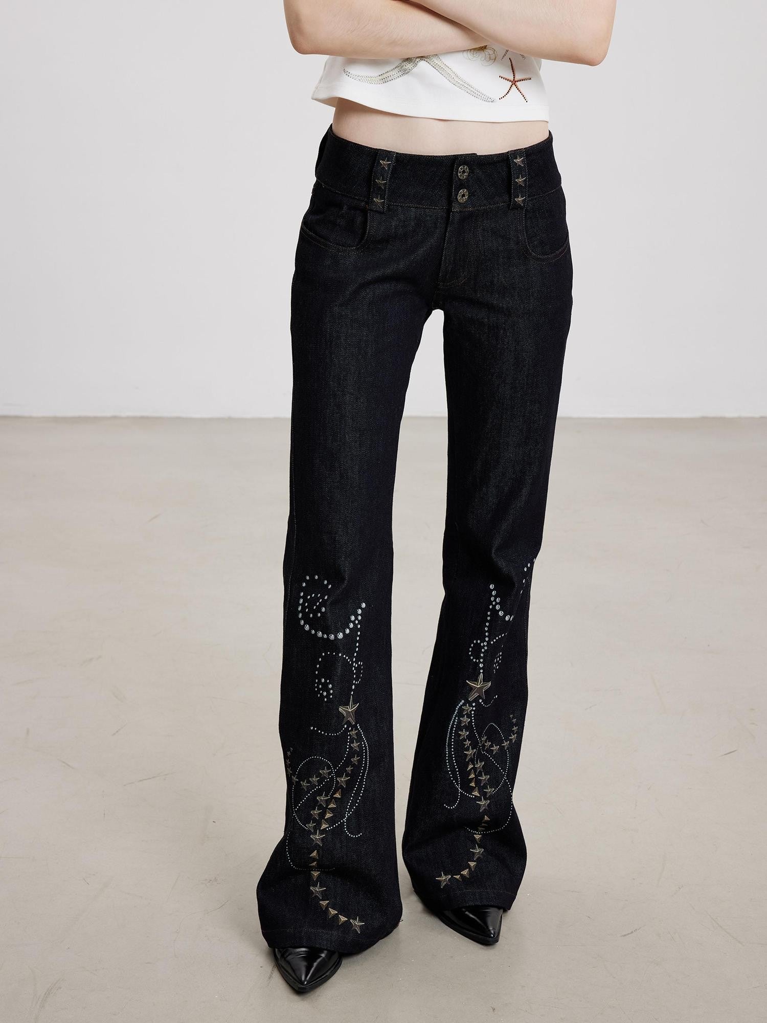 THELIGHT OFFICIAL Dark Navy Subculture Print Low Rise Slim Women's Cotton Stretch Flare Jeans