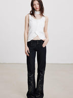 THELIGHT OFFICIAL Dark Navy Subculture Print Low Rise Slim Women's Cotton Stretch Flare Jeans
