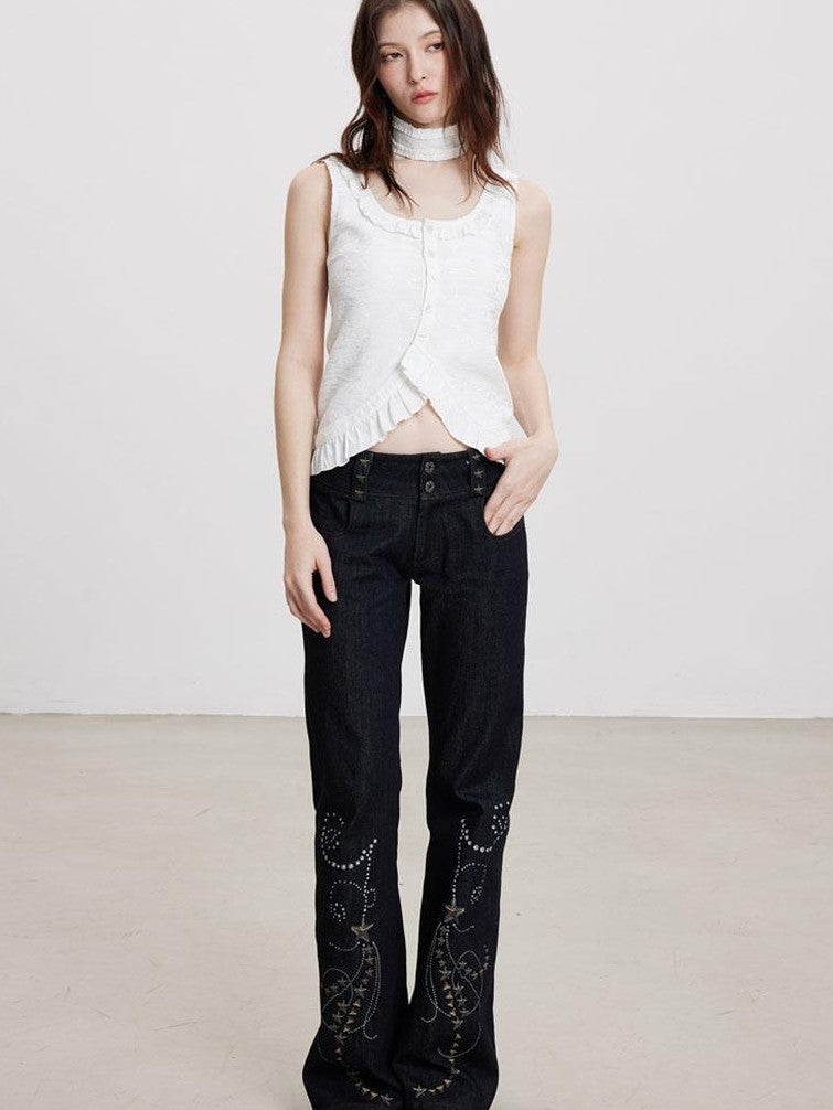 THELIGHT OFFICIAL Dark Navy Subculture Print Low Rise Slim Women's Cotton Stretch Flare Jeans