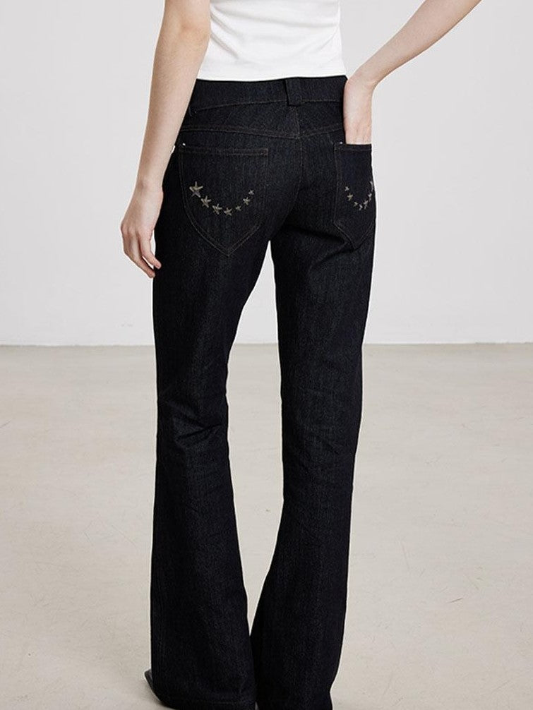 THELIGHT OFFICIAL Dark Navy Subculture Print Low Rise Slim Women's Cotton Stretch Flare Jeans