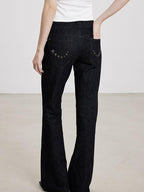 THELIGHT OFFICIAL Dark Navy Subculture Print Low Rise Slim Women's Cotton Stretch Flare Jeans