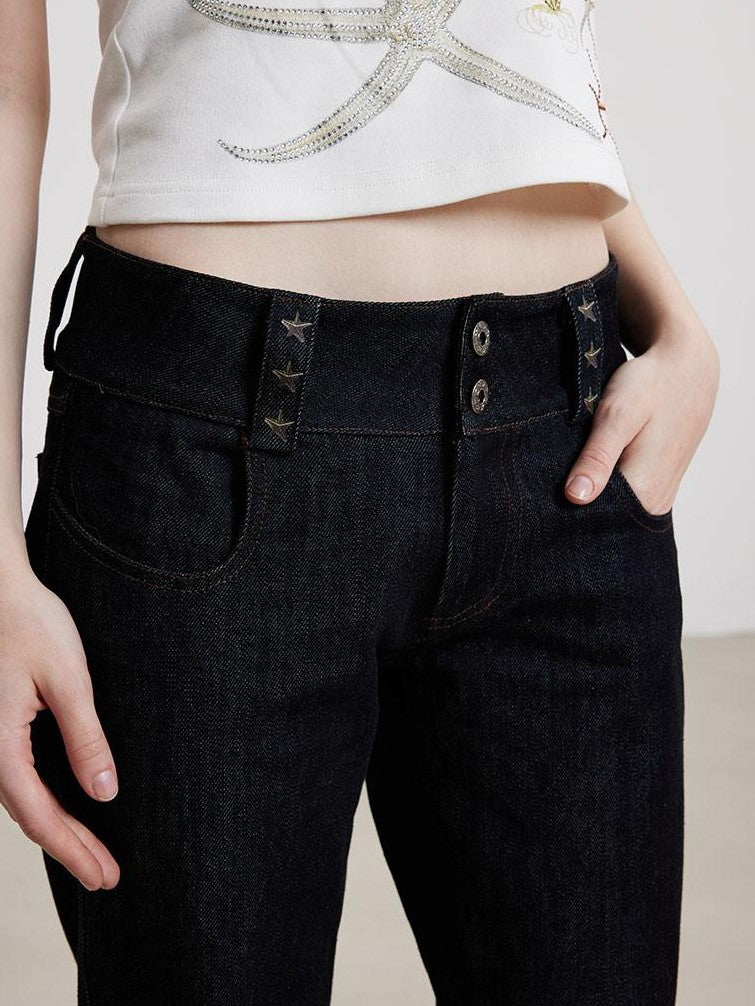 THELIGHT OFFICIAL Dark Navy Subculture Print Low Rise Slim Women's Cotton Stretch Flare Jeans