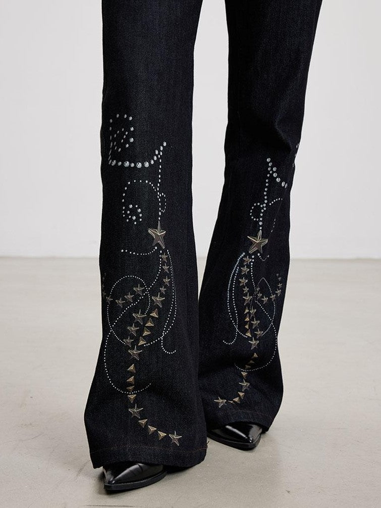 THELIGHT OFFICIAL Dark Navy Subculture Print Low Rise Slim Women's Cotton Stretch Flare Jeans