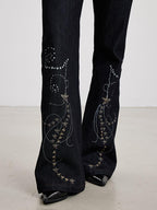 THELIGHT OFFICIAL Dark Navy Subculture Print Low Rise Slim Women's Cotton Stretch Flare Jeans