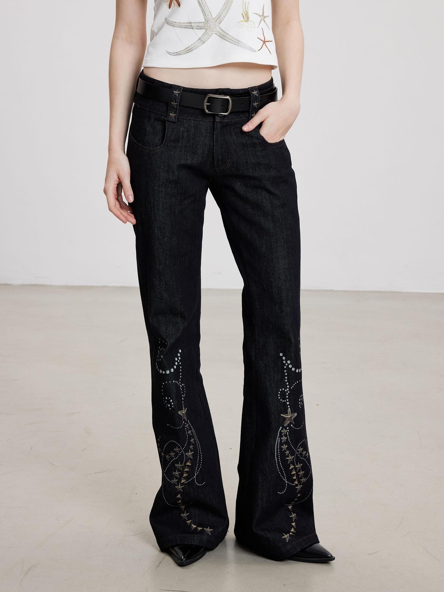 THELIGHT OFFICIAL Dark Navy Subculture Print Low Rise Slim Women's Cotton Stretch Flare Jeans