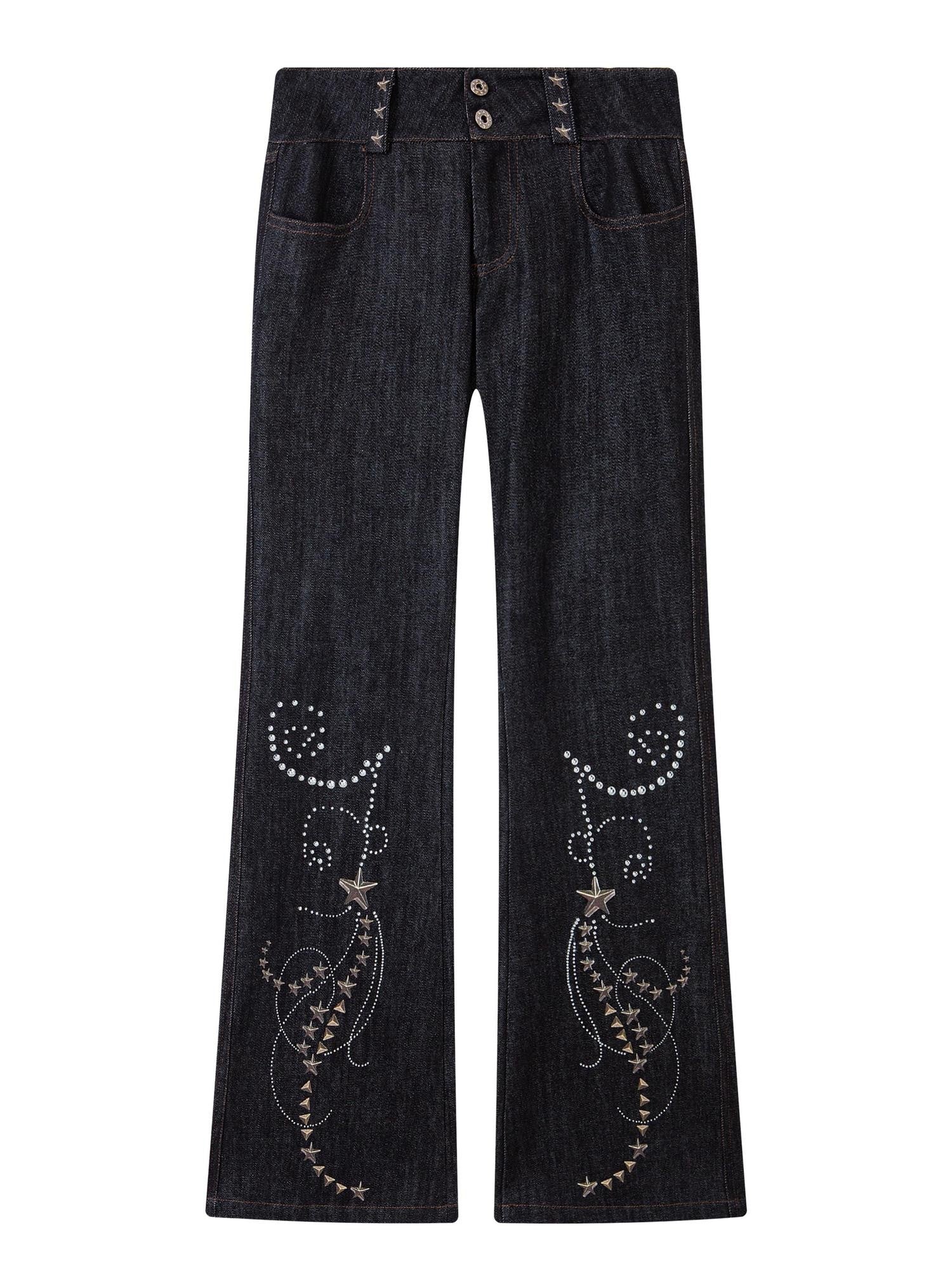THELIGHT OFFICIAL Dark Navy Subculture Print Low Rise Slim Women's Cotton Stretch Flare Jeans