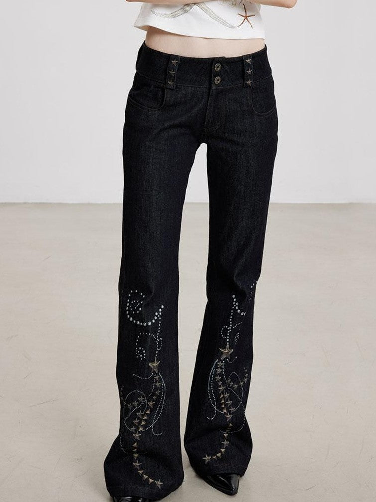 THELIGHT OFFICIAL Dark Navy Subculture Print Low Rise Slim Women's Cotton Stretch Flare Jeans