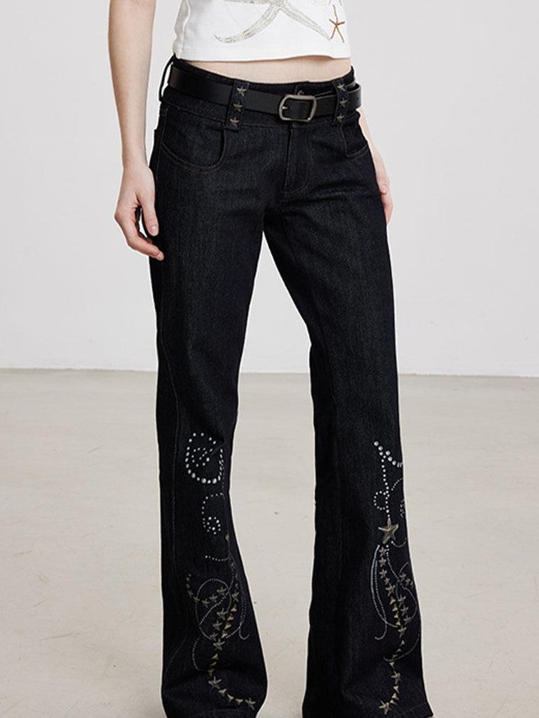 THELIGHT OFFICIAL Dark Navy Subculture Print Low Rise Slim Women's Cotton Stretch Flare Jeans