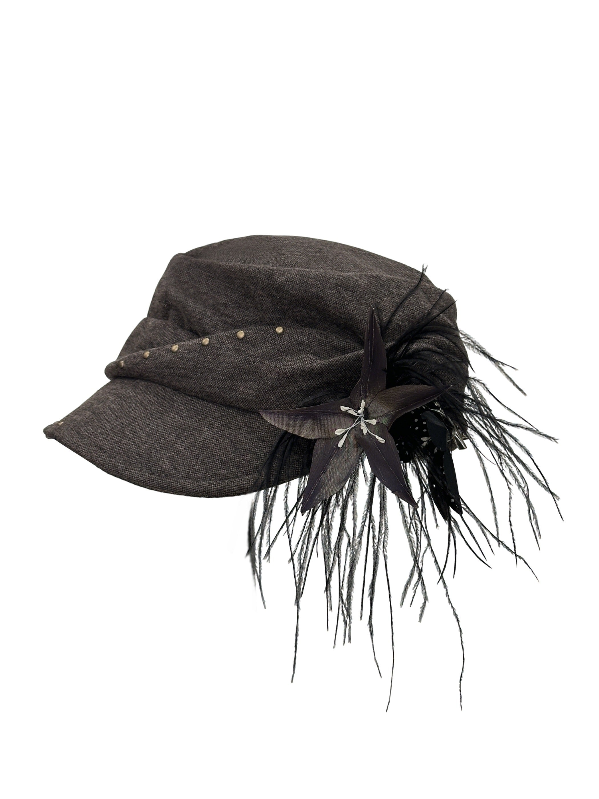 THELIGHT OFFICIAL Detachable Feather Flower Pleated Stud Octagonal Beret Women's Brown Hats 1053669448874