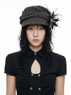THELIGHT OFFICIAL Detachable Feather Flower Pleated Stud Octagonal Beret Women's Brown Hats