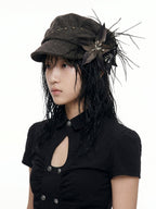 THELIGHT OFFICIAL Detachable Feather Flower Pleated Stud Octagonal Beret Women's Brown Hats
