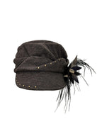 THELIGHT OFFICIAL Detachable Feather Flower Pleated Stud Octagonal Beret Women's Brown Hats