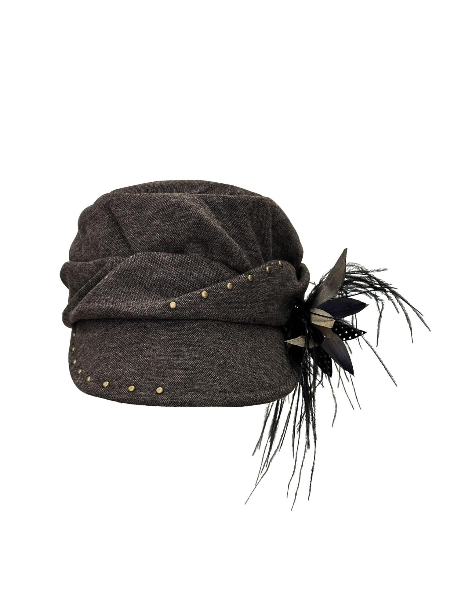 THELIGHT OFFICIAL Detachable Feather Flower Pleated Stud Octagonal Beret Women's Brown Hats