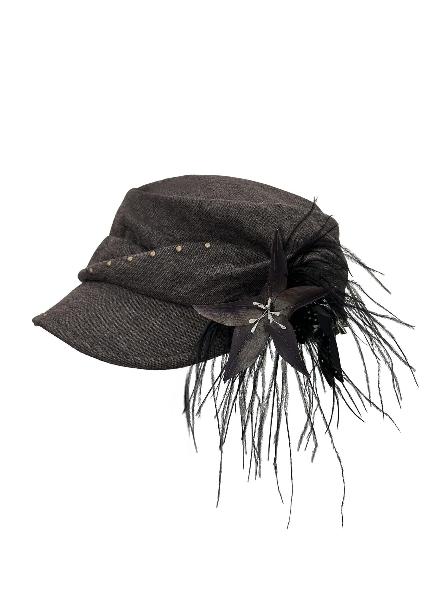 THELIGHT OFFICIAL Detachable Feather Flower Pleated Stud Octagonal Beret Women's Brown Hats