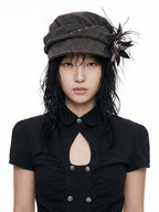 THELIGHT OFFICIAL Detachable Feather Flower Pleated Stud Octagonal Beret Women's Brown Hats