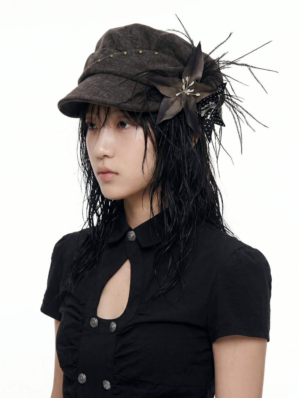 THELIGHT OFFICIAL Detachable Feather Flower Pleated Stud Octagonal Beret Women's Brown Hats