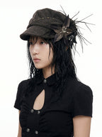 THELIGHT OFFICIAL Detachable Feather Flower Pleated Stud Octagonal Beret Women's Brown Hats