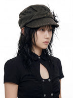 THELIGHT OFFICIAL Detachable Feather Flower Pleated Stud Octagonal Beret Women's Brown Hats