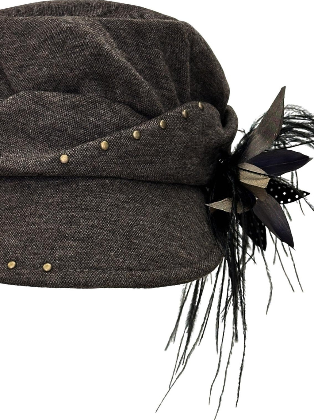 THELIGHT OFFICIAL Detachable Feather Flower Pleated Stud Octagonal Beret Women's Brown Hats
