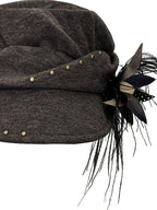 THELIGHT OFFICIAL Detachable Feather Flower Pleated Stud Octagonal Beret Women's Brown Hats