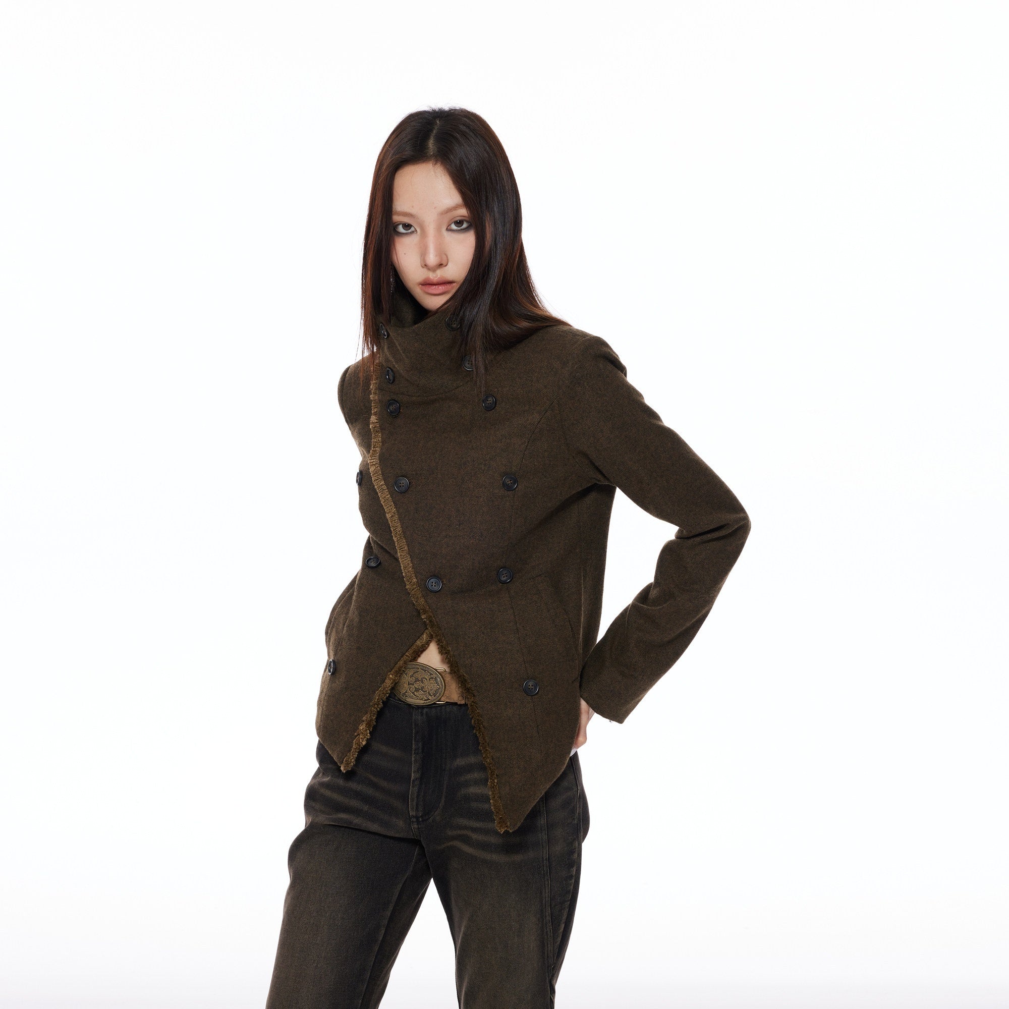 THELIGHT OFFICIAL Double Breasted Deconstructed Stand Collar Slim Women's Wool Casual Jackets 841901714614