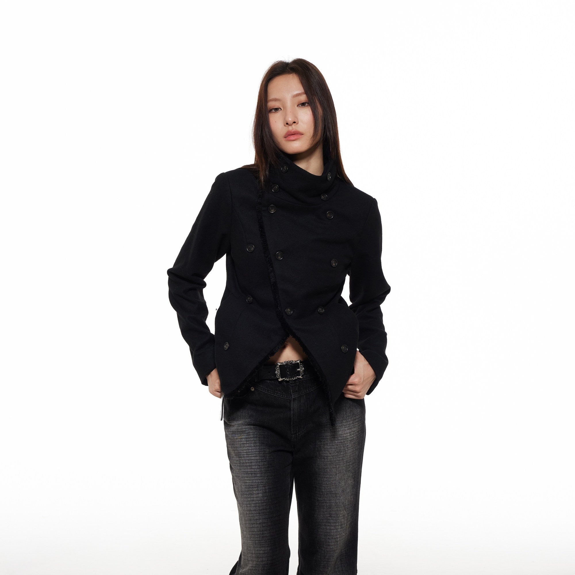 THELIGHT OFFICIAL Double Breasted Deconstructed Stand Collar Slim Women's Wool Casual Jackets 841901714614