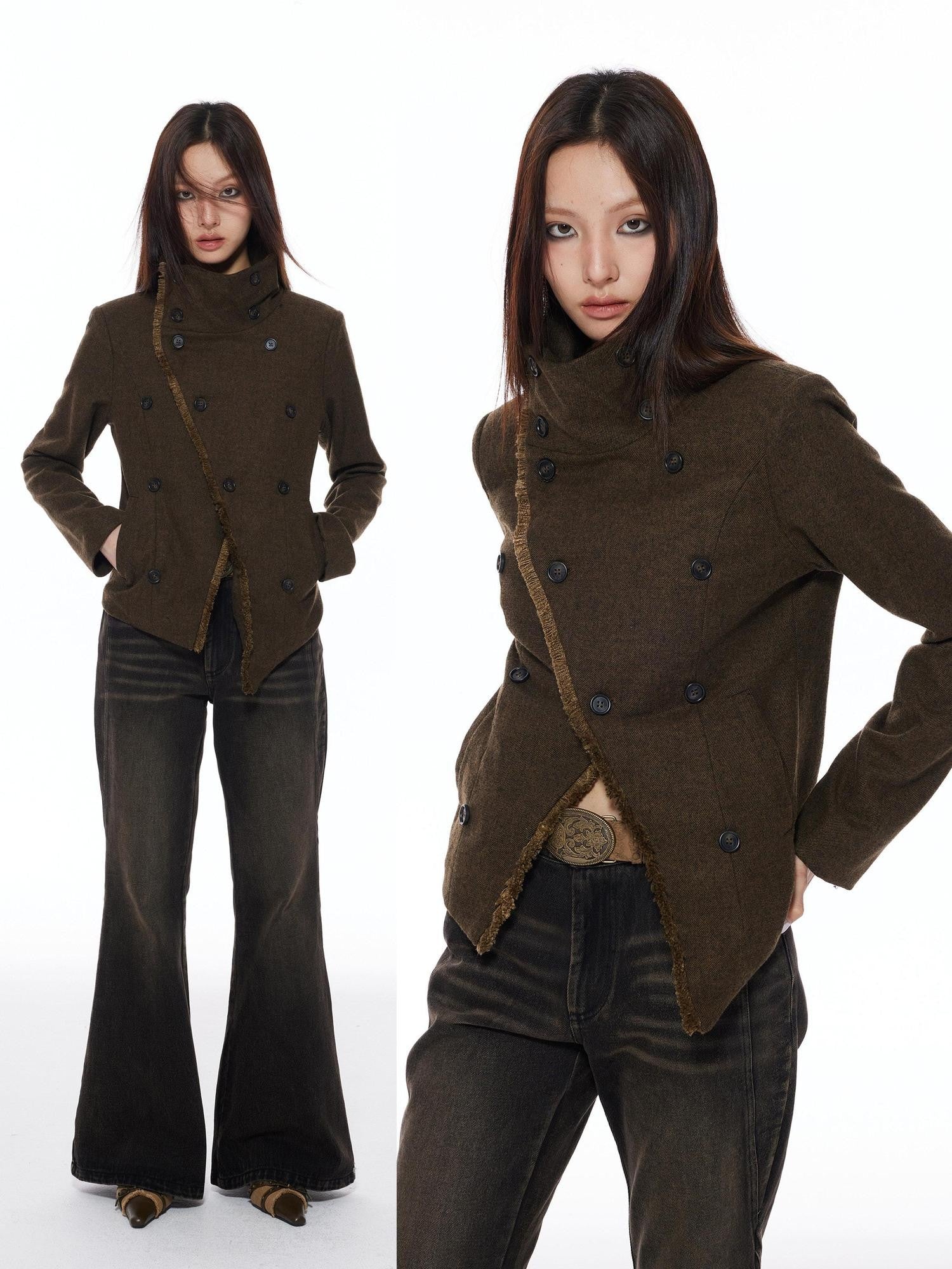 THELIGHT OFFICIAL Double Breasted Deconstructed Stand Collar Slim Women's Wool Casual Jackets