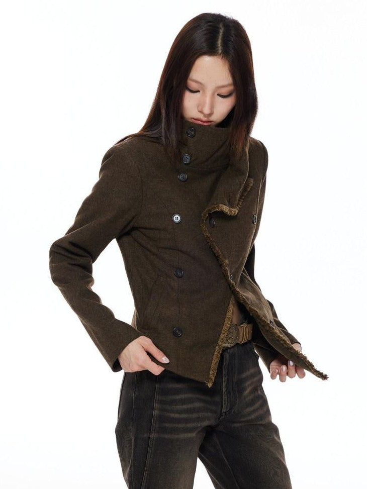 THELIGHT OFFICIAL Double Breasted Deconstructed Stand Collar Slim Women's Wool Casual Jackets