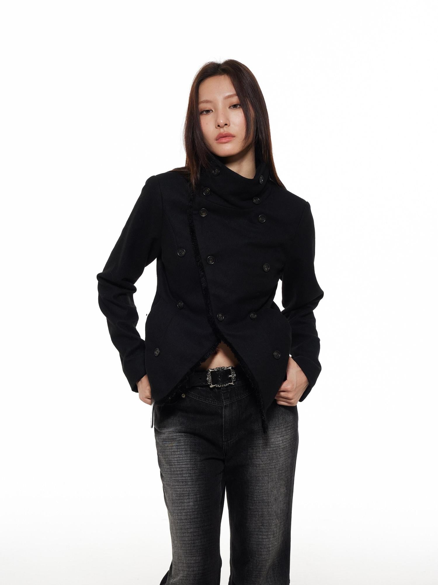 THELIGHT OFFICIAL Double Breasted Deconstructed Stand Collar Slim Women's Wool Casual Jackets