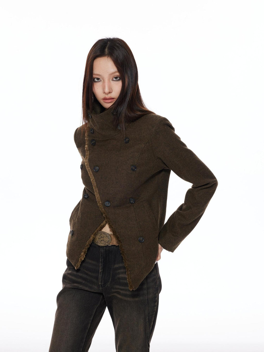 THELIGHT OFFICIAL Double Breasted Deconstructed Stand Collar Slim Women's Wool Casual Jackets