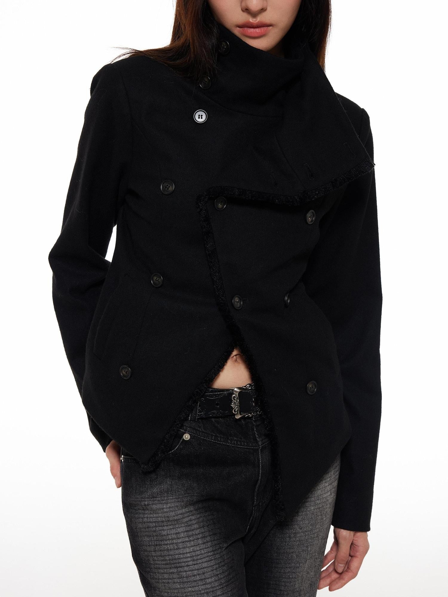 THELIGHT OFFICIAL Double Breasted Deconstructed Stand Collar Slim Women's Wool Casual Jackets