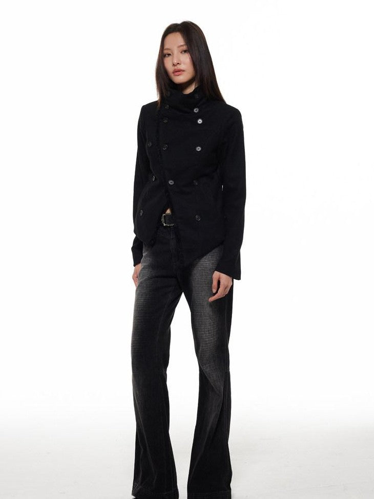 THELIGHT OFFICIAL Double Breasted Deconstructed Stand Collar Slim Women's Wool Casual Jackets