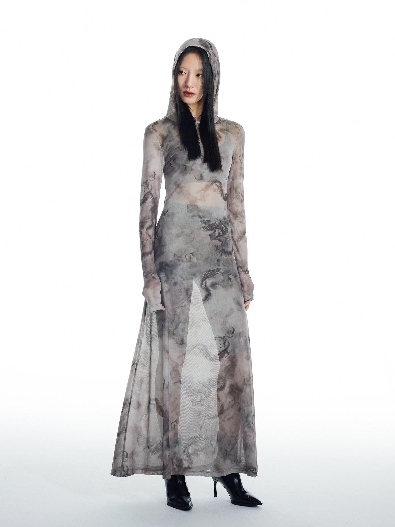 THELIGHT OFFICIAL Dragon Tie Dye Mesh Women's Polyester Blend Casual Maxi Dresses