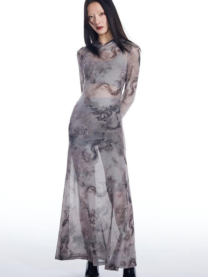 THELIGHT OFFICIAL Dragon Tie Dye Mesh Women's Polyester Blend Casual Maxi Dresses